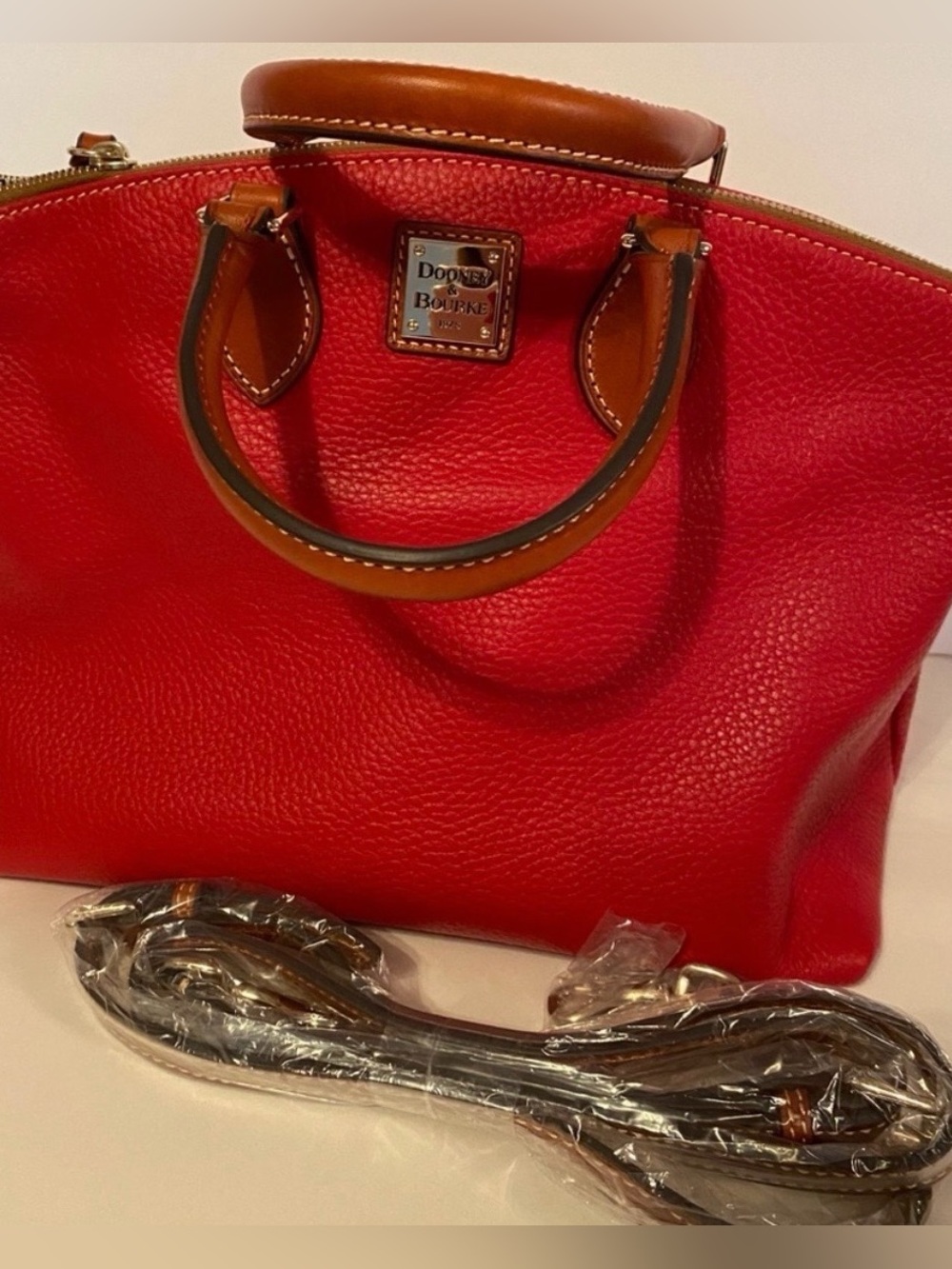 Dooney & Bourke Red Satchel with Brown Leather Trim